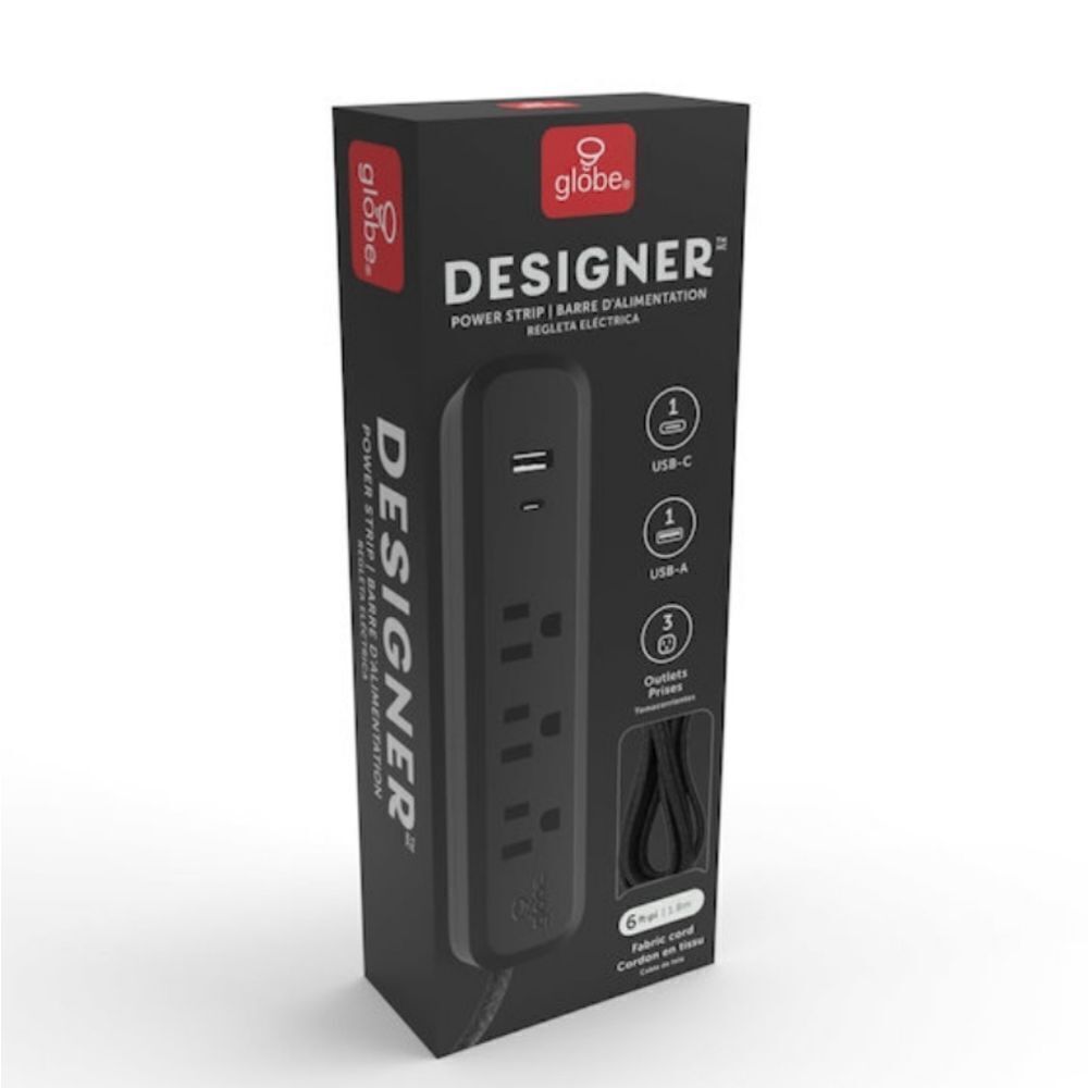New Globe Electric Cord 3 Outlets USB Ports Strip Black extension phone NWT